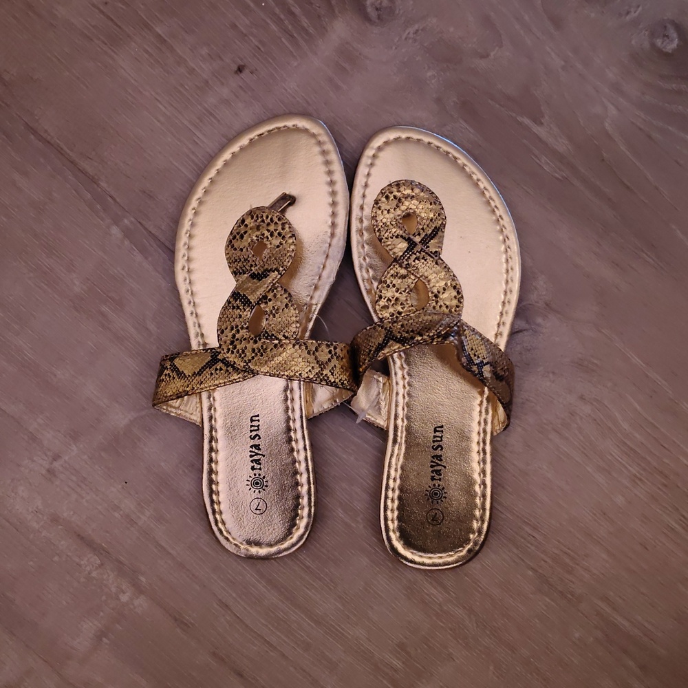 raya sun Gold Snake-Print Toe-Loop Sandals